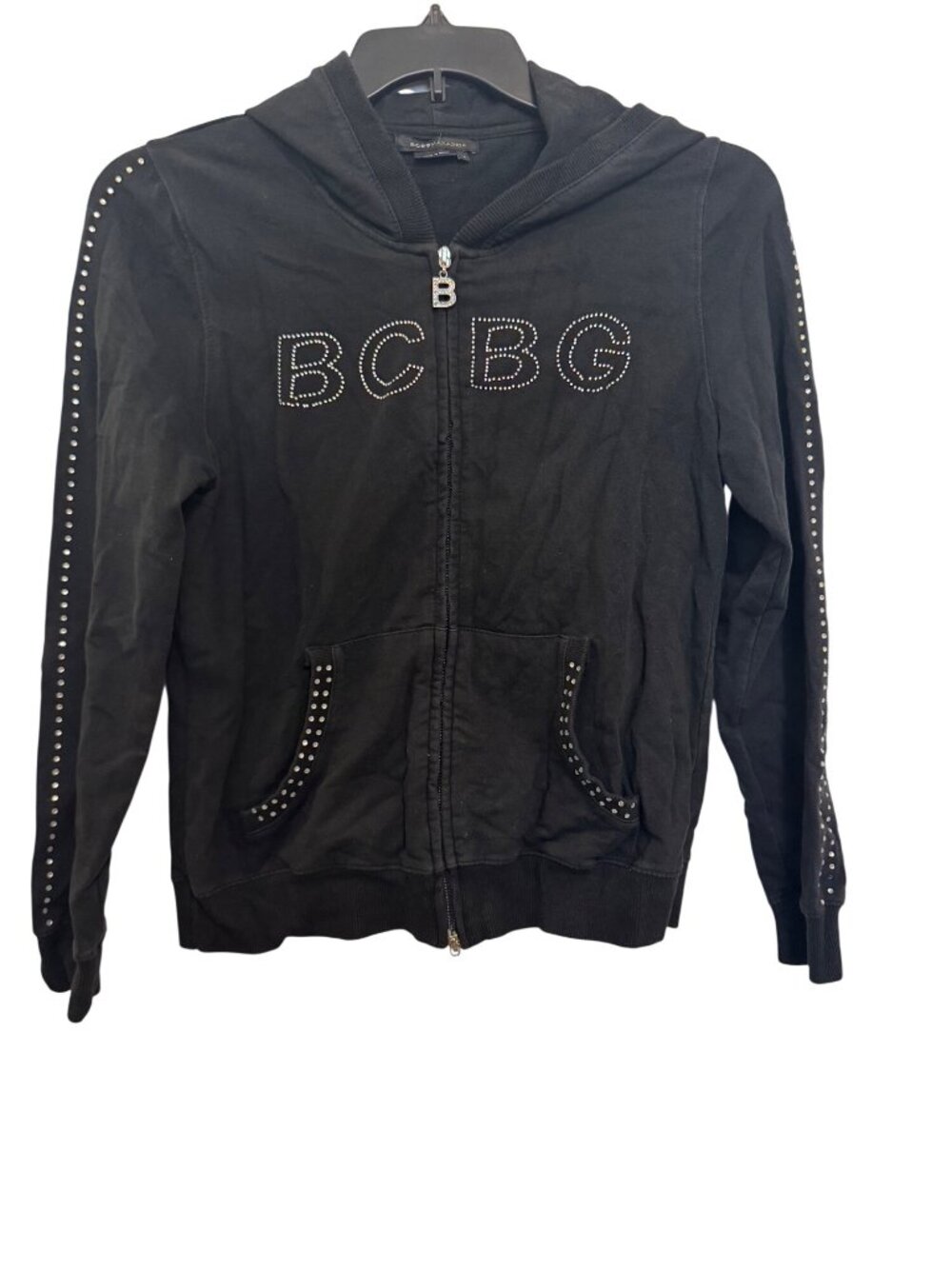 BCBG Max Azria Black Studded Rhinestone Zip-Up Hoodie Womens Size L